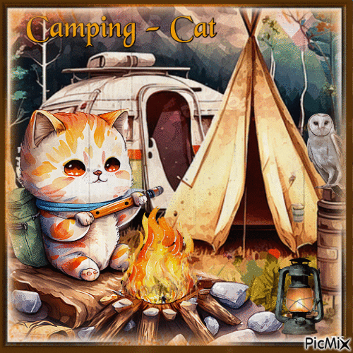 Camping - Cat - Watercolor - Gratis geanimeerde GIF