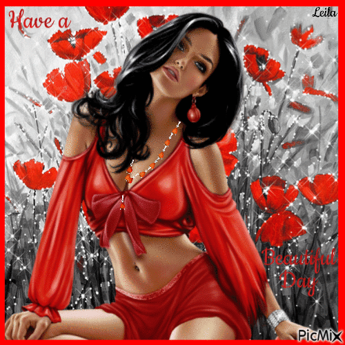 Have a beautiful day. Woman in red. - Gratis geanimeerde GIF