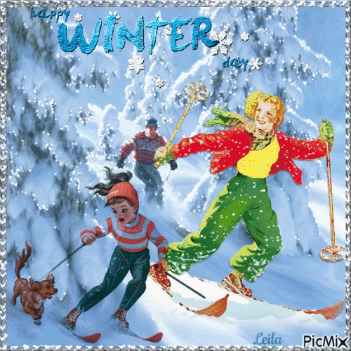 Happy Winter Day. Family on skis. - Free animated GIF