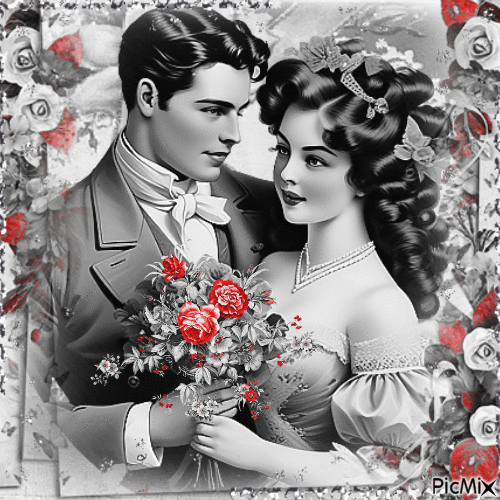 Vintage couple, black and white with a touch of red - Free animated GIF