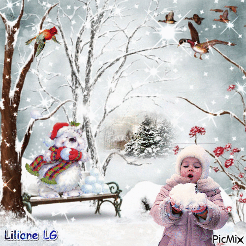 le bonhomme de neige qui veut envoyer des boules de neige à la petite fille, lol - Δωρεάν κινούμενο GIF