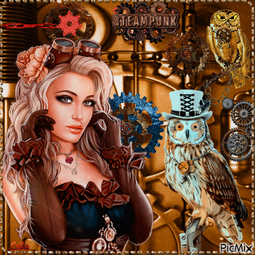 Steampunk woman, owls - Darmowy animowany GIF