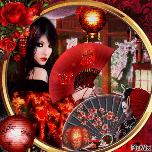 Otoño Geisha - Tonos rojos y naranjas - Ingyenes animált GIF