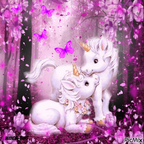 Unicorns-pink-flowers-butterflies - Бесплатный анимированный гифка