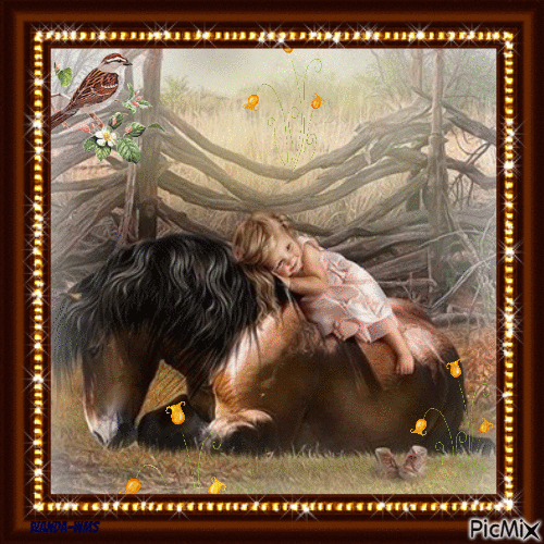 Horse-baby-girl-brown-nature - Бесплатный анимированный гифка