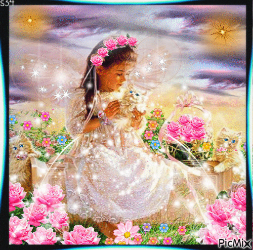 LITTLE ANGEL IN THE PINK FLOWERS PLAYING WITH HER THREE PET KITTENS, THE FLOWERS ARE SPARKLING AND HER DRESS AND WINGS, THE CLOUDS ARE A PURPLE WITH TWO ORANGE STARS AND FLOATING PINK FLOWERS,ALL IN A FRAME THAT SEEMS TO DRAW IT IN AND OUT. - Бесплатни анимирани ГИФ
