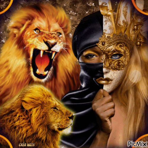 Femme, masque et lion - Безплатен анимиран GIF