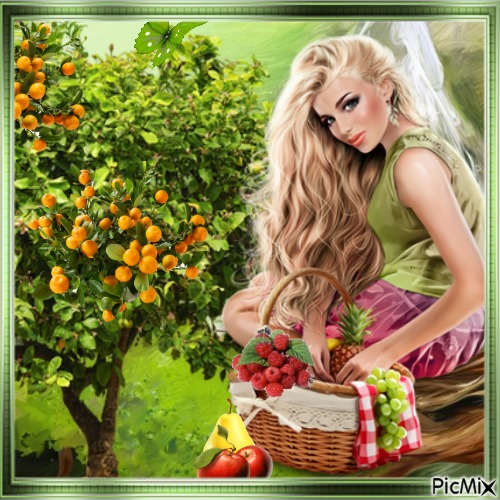 femme et panier de fruit - δωρεάν png