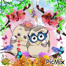 2 CARTOON LOVE BIRDS,2 PURPLE AND YELLOW FLOWERS WITH GREEN BUTTERFLIES, 2 RED TREE BRANCHES WITH GREEN AND RED BUTTERFLIES, A FAIRY SWINGING, YELLOW FLOWER AND BUTTERFLY AT BOTTOM LITTLE BEAR WITH I LOVE YOU LEAVES BLOWING AT THE TOP. 2 PURPLE BIRDS. - Bezmaksas animēts GIF