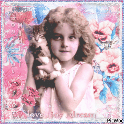 Girl and cat - Pink and blue tones - Ingyenes animált GIF
