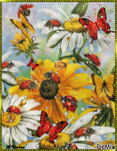 papillons et marguerittes - GIF เคลื่อนไหวฟรี