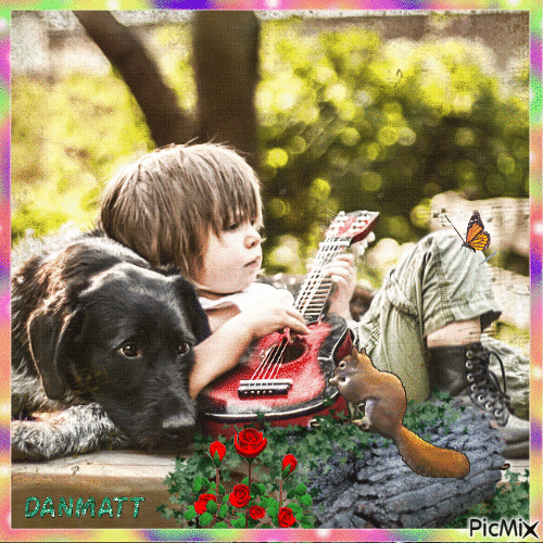 Garçon avec son chien et sa guitare - Ücretsiz animasyonlu GIF