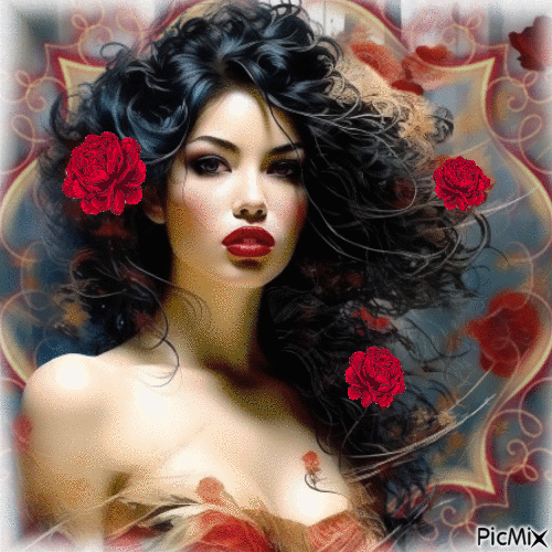 Femme brune avec des roses - Бесплатный анимированный гифка