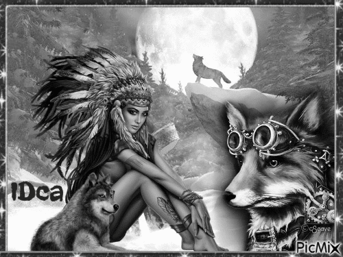 L'amérindienne et les loups - Бесплатный анимированный гифка