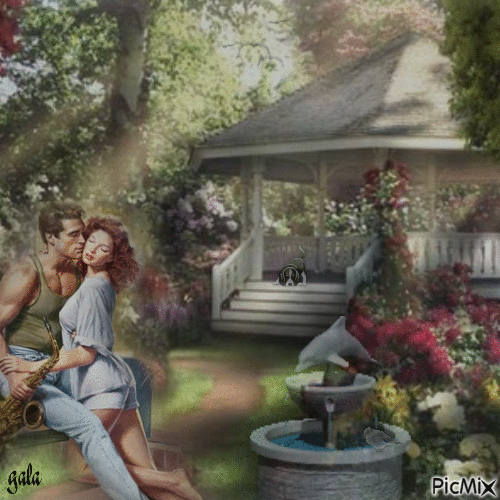 Couple dans le jardin près de la fontaine - GIF animé gratuit