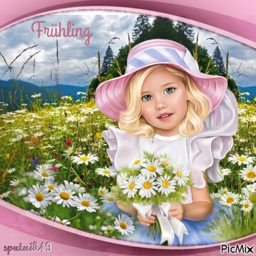 kleines blondes Mädchen  auf einer Blumenwiese - GIF animé gratuit
