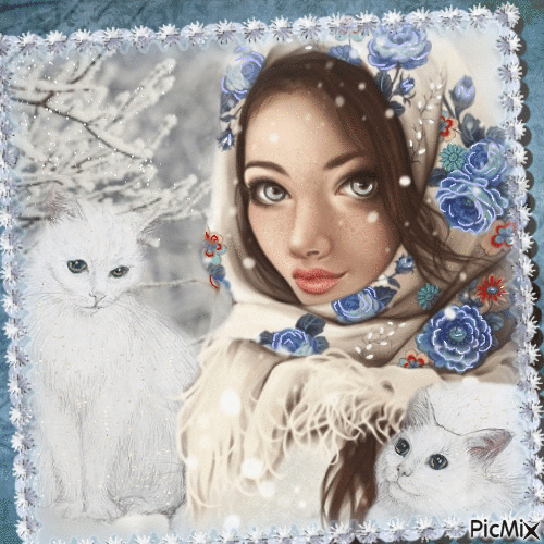 Jeune femme en hiver avec des chats. - GIF animé gratuit