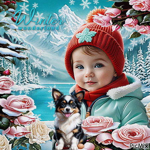 Kind im Winter mit seinem Hund - Gratis animeret GIF