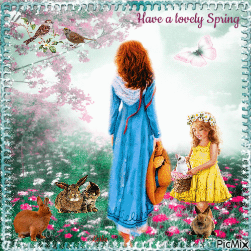 Have a lovely Spring. Rabbits. Birds. Woman. Girl. - Gratis geanimeerde GIF