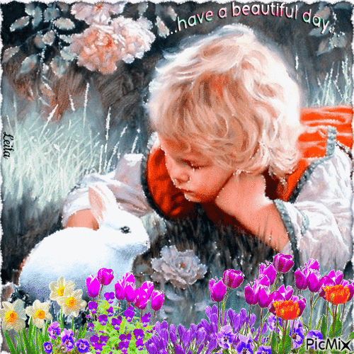 Have a beautiful day. Boy and a rabbit. Spring - Nemokamas animacinis gif
