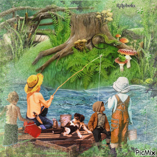 Children fishing in the pond - Free animated GIF
