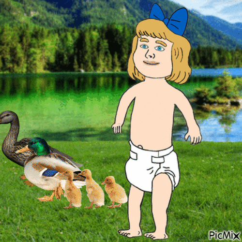 Baby and ducks - Бесплатни анимирани ГИФ