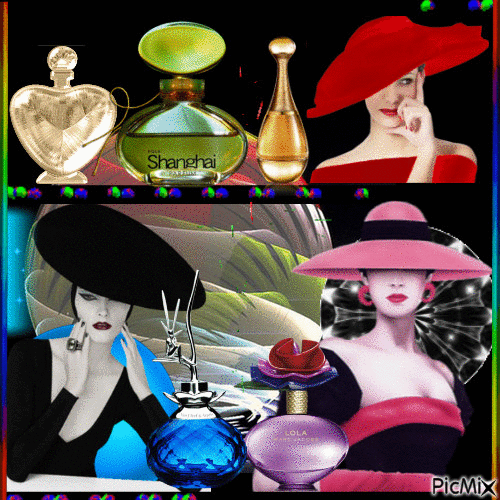 Portrait Women Colors Hat Deco  Glitter Perfume Bottles Glamour - GIF animado gratis
