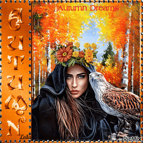 Autumn Dream. Woman, eagle, bird - Animovaný GIF zadarmo