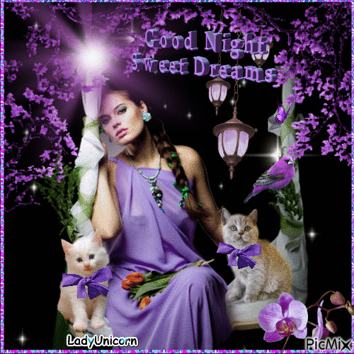 Woman in purple with her beloved kittens - Gratis geanimeerde GIF