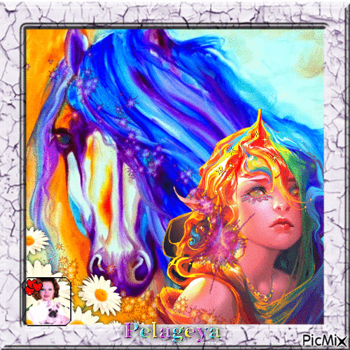 Peinture aquarelle d'une fille et un cheval - GIF animé gratuit