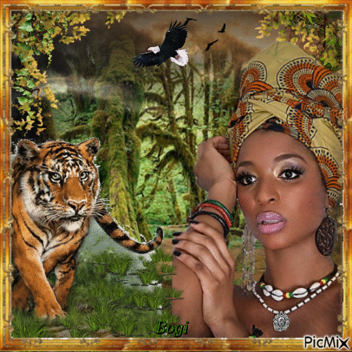 African woman and tiger... - GIF animado gratis