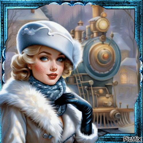 Mujer vintage elegante en invierno esperando su tren - Gratis geanimeerde GIF