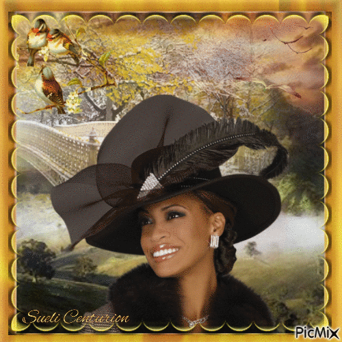 Mulher com chapéu preto e pássaros - Besplatni animirani GIF