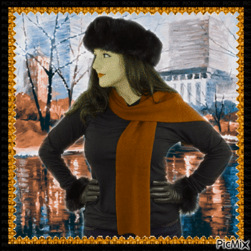Frau mit braunem Schal und schwarzen Handschuhen - Free animated GIF