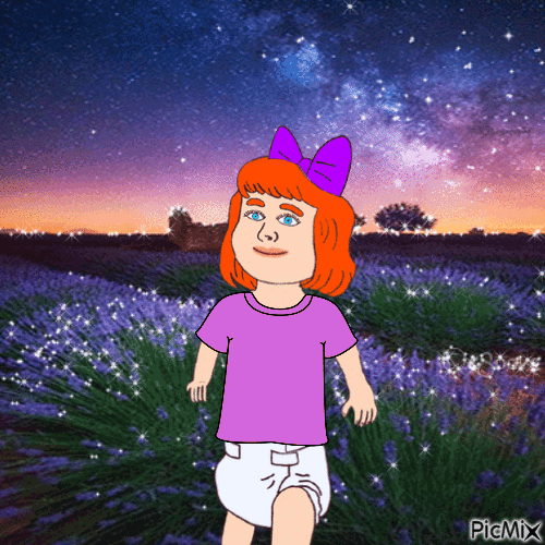 Baby dressed in purple in dusk lavender field - Free animated GIF