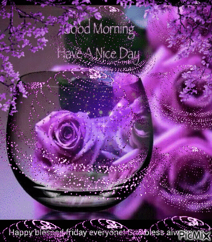PURPLE ROSES IN A GLASS, AND MORE BESIDE IT,A SAYING GOODMORNING, BLOWING PURPLE LEAVES FLYING, I PUT PURPLES OVER THE TGLASS AND THE ROSES. - Darmowy animowany GIF