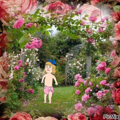 Baby in rose garden - PNG gratuit