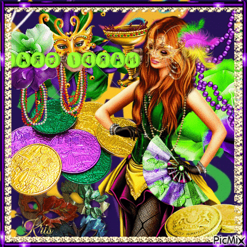 Mardi Gras - Jaune ou doré, violet et vert - Gratis animerad GIF
