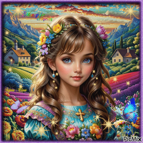 Little girl in spring, colorful - Ücretsiz animasyonlu GIF
