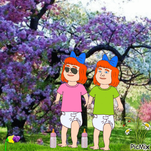 Twin redhead baby girls in garden - Gratis geanimeerde GIF
