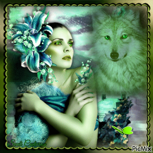 Mulher e lobo em verde - GIF animado grátis