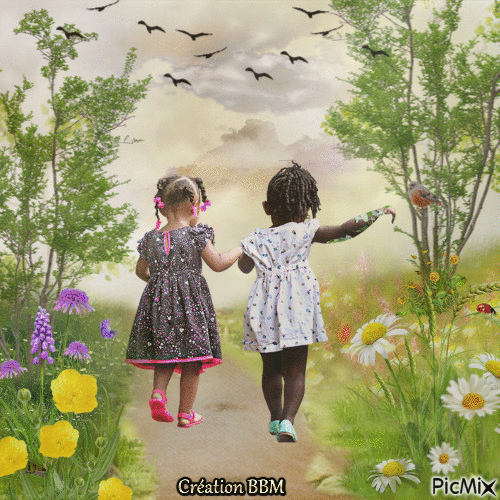 Promenade de deux fillettes à la campagne par BBM - Δωρεάν κινούμενο GIF