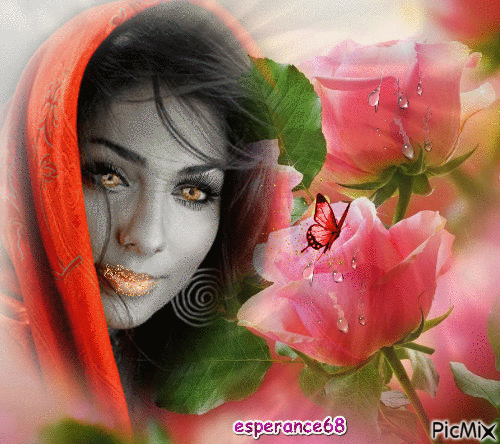 femme et les roses rose - Бесплатный анимированный гифка