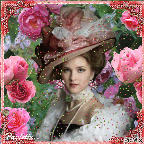 femme vintage dans les roses - Gratis animerad GIF