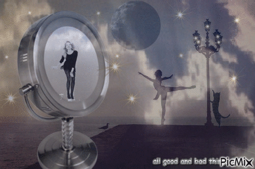 dance moon woman cat clouds mirror light imagination - Besplatni animirani GIF
