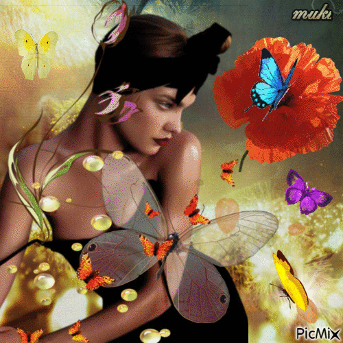 Woman with butterflies... - Бесплатный анимированный гифка