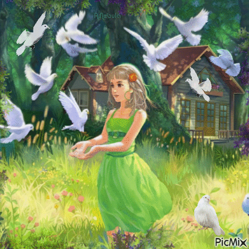 Little girl with pigeons-contest - GIF animado grátis
