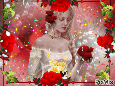 dame parmi les roses - GIF animé gratuit