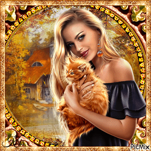 Fille et chat - Free animated GIF