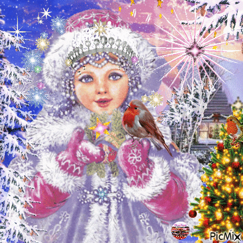 Natale: Bambina con il pettirosso - Zdarma animovaný GIF